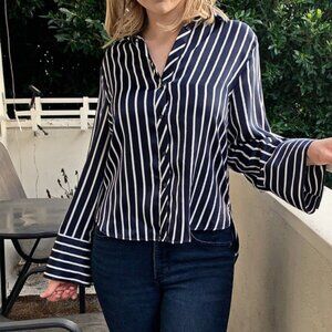 ZARA BASICS Button Down Blouse Top Shirt Blue White Stripes Size XS Wide Sleeves
